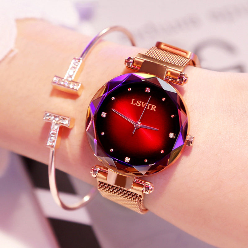 Rose Gold Women Watches Fashion Diamond Ladies Starry Sky Magnet