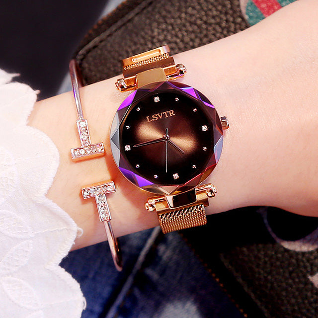 Rose Gold Women Watches Fashion Diamond Ladies Starry Sky Magnet